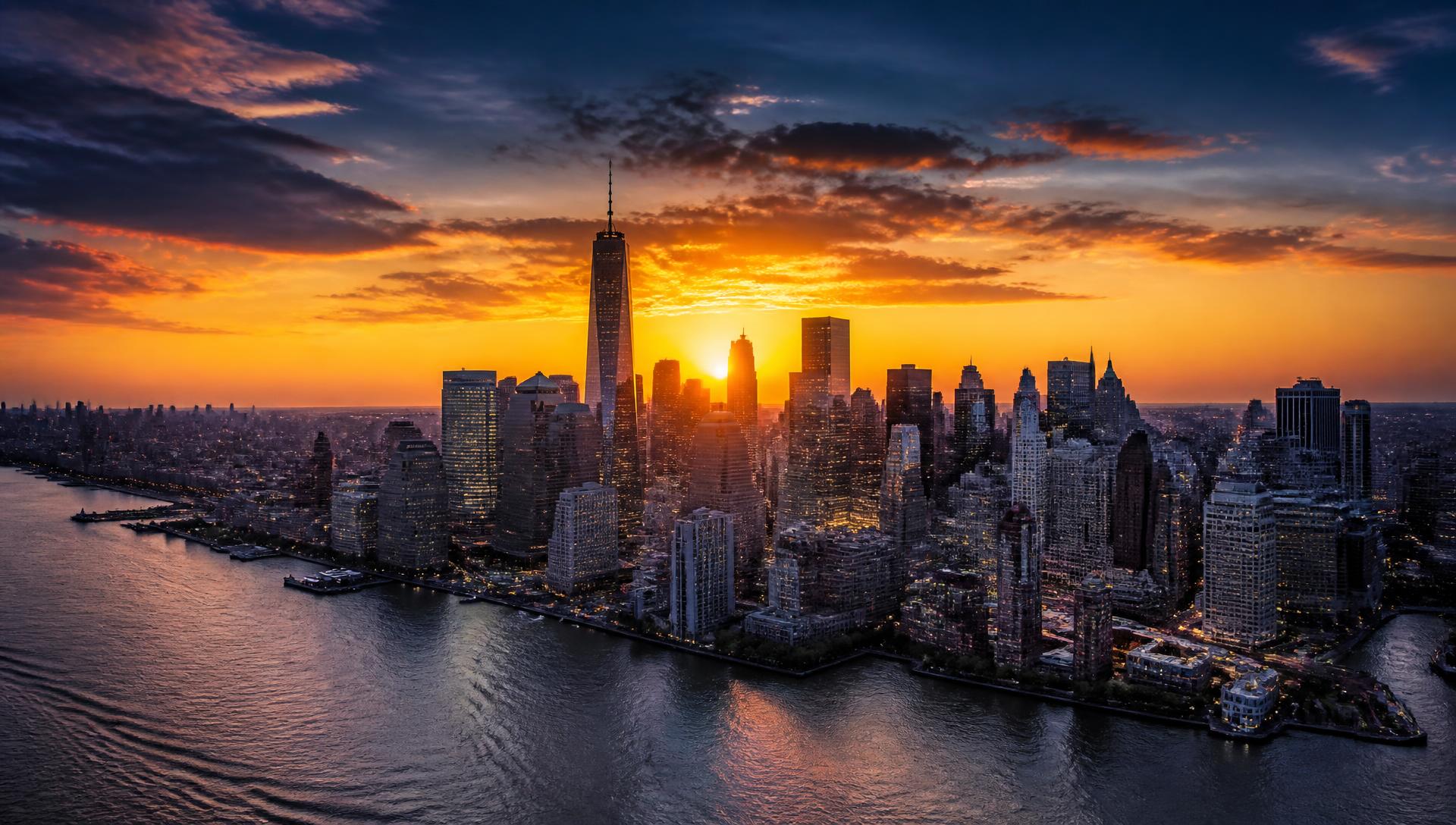 Financial district skyline at dusk